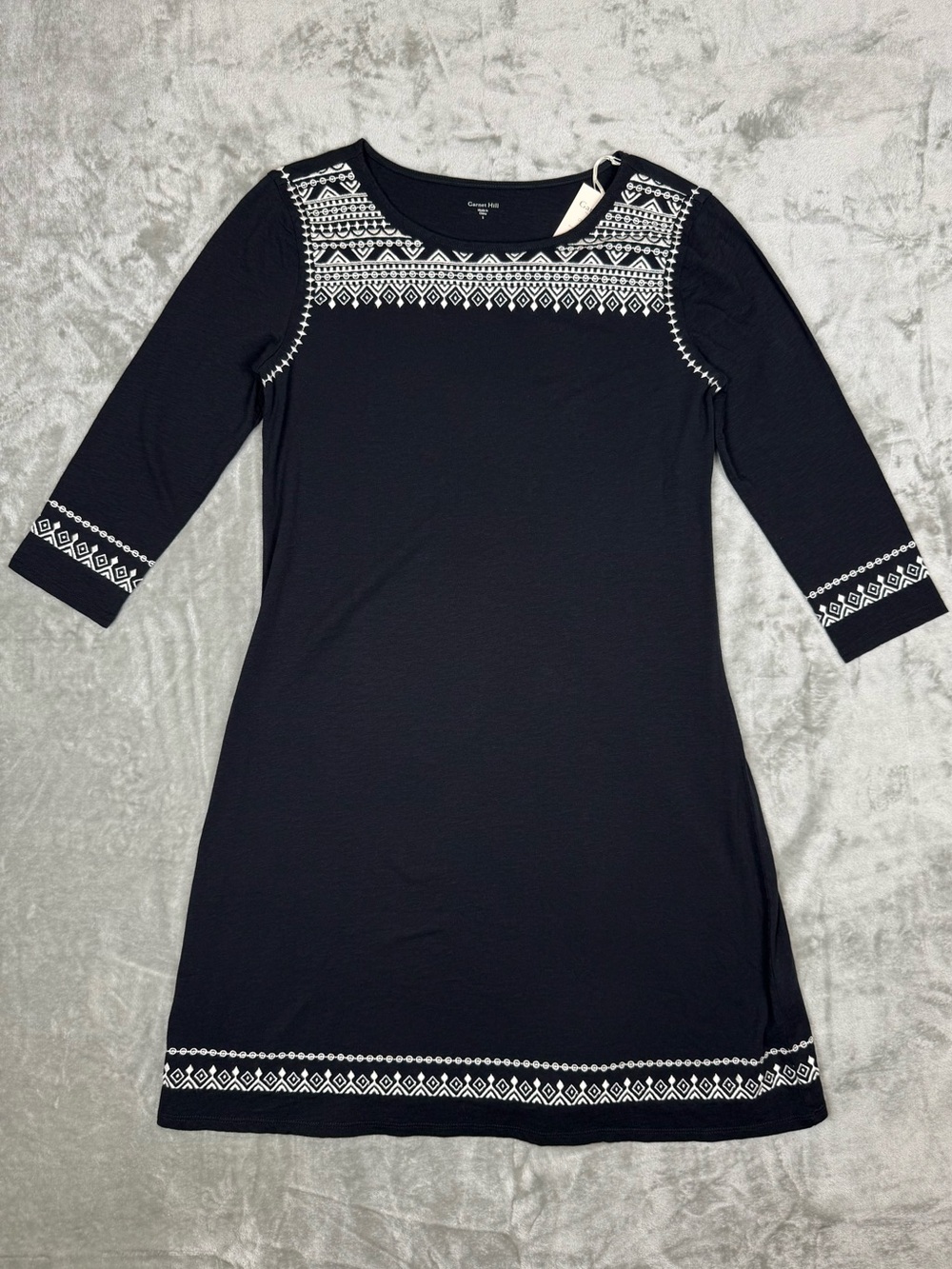 NWT Garnet Hill Black Embroidered Knit Dress Shift Dress Organic Cotton Small